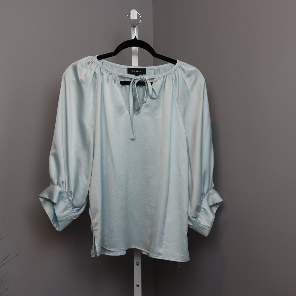 Karen Kane Blue Satin‎ Tie Neck Blouse S Vintage USA